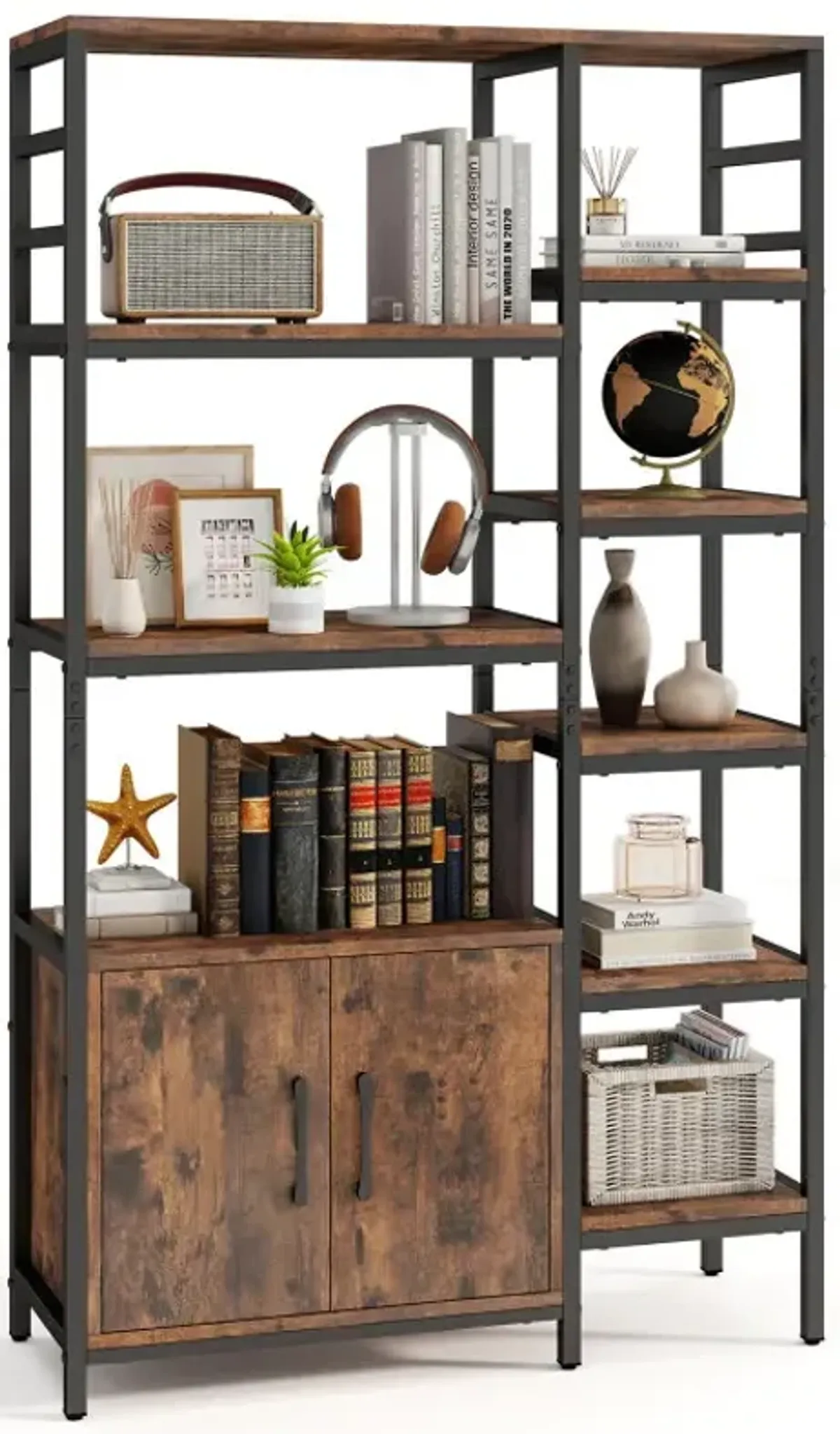 Double Wide 8-Tier Bookshelf with 2-Door Cabinet for Living Room Home Office