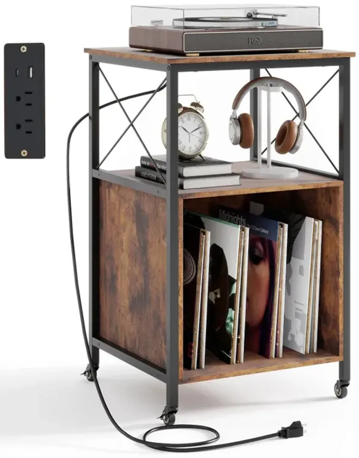 Mobile Record Player Stand with Power Outlet with Open Shelf and Dividers