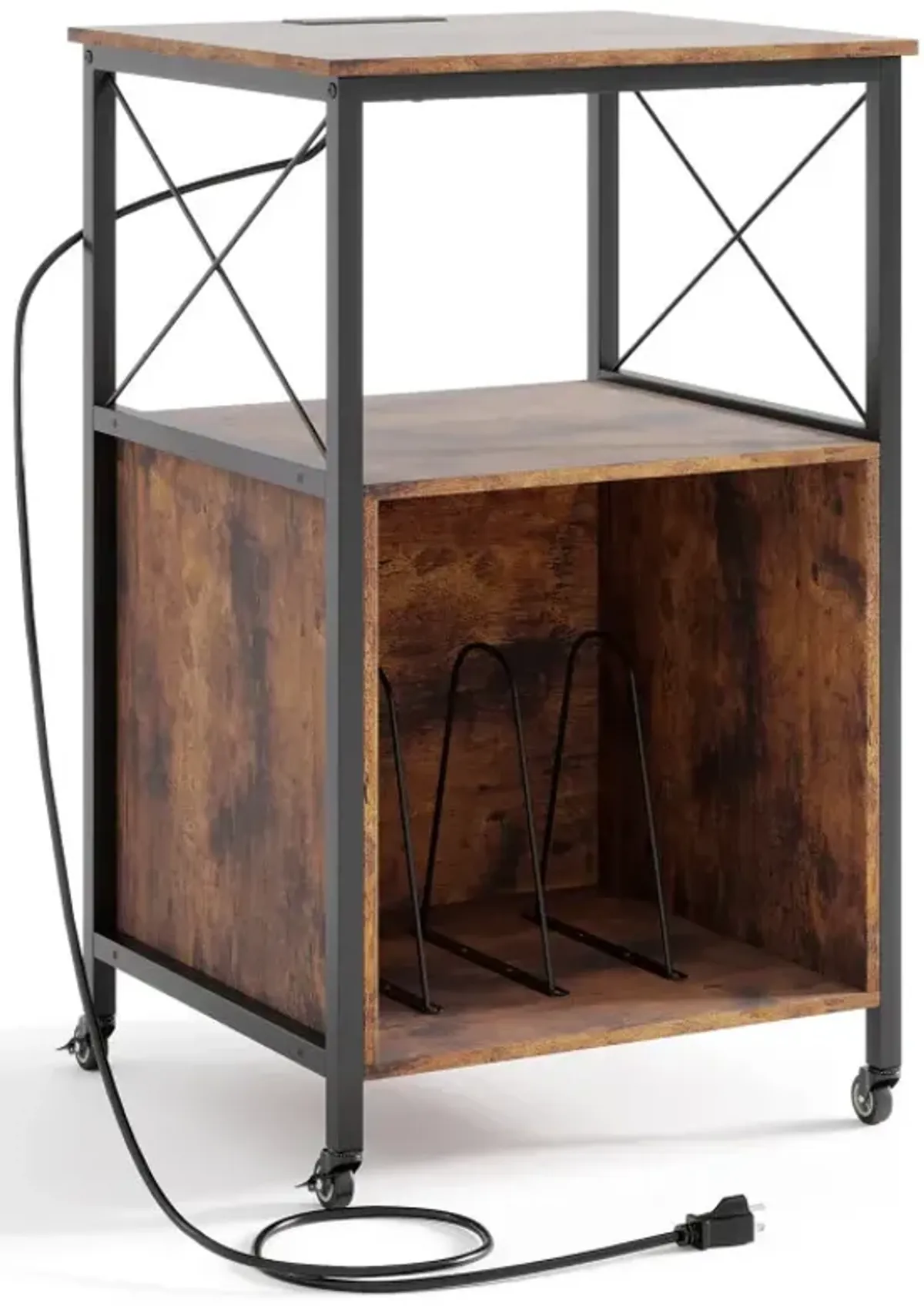 Mobile Record Player Stand with Power Outlet with Open Shelf and Dividers