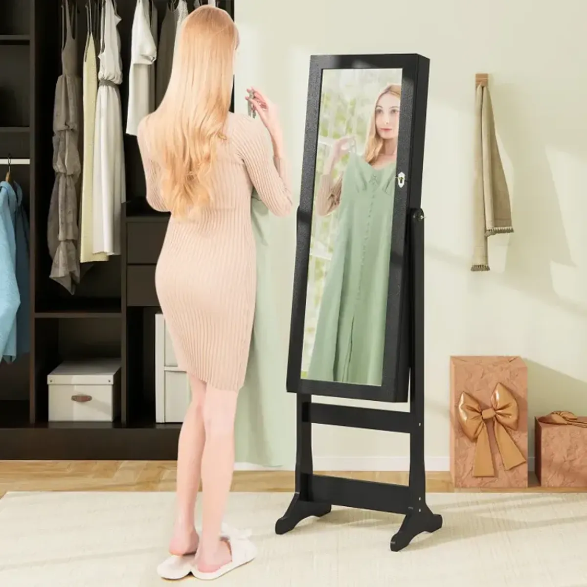 Lockable Freestanding Jewelry Cabinet Armoire with Full-Length Mirror and Lights