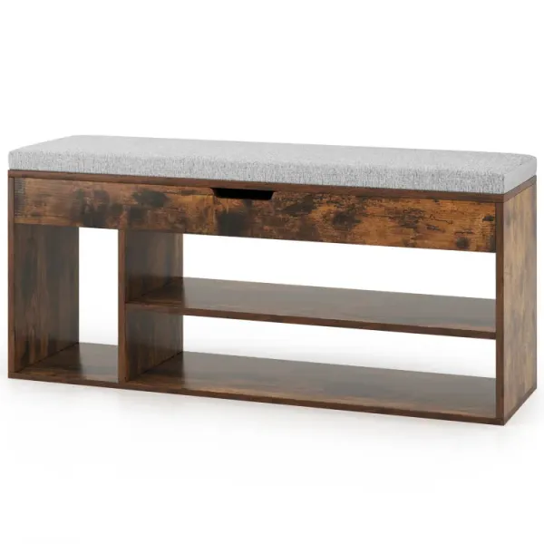 Padded Seat Shoe Bench with Hidden Storage and 3 Open Shelves