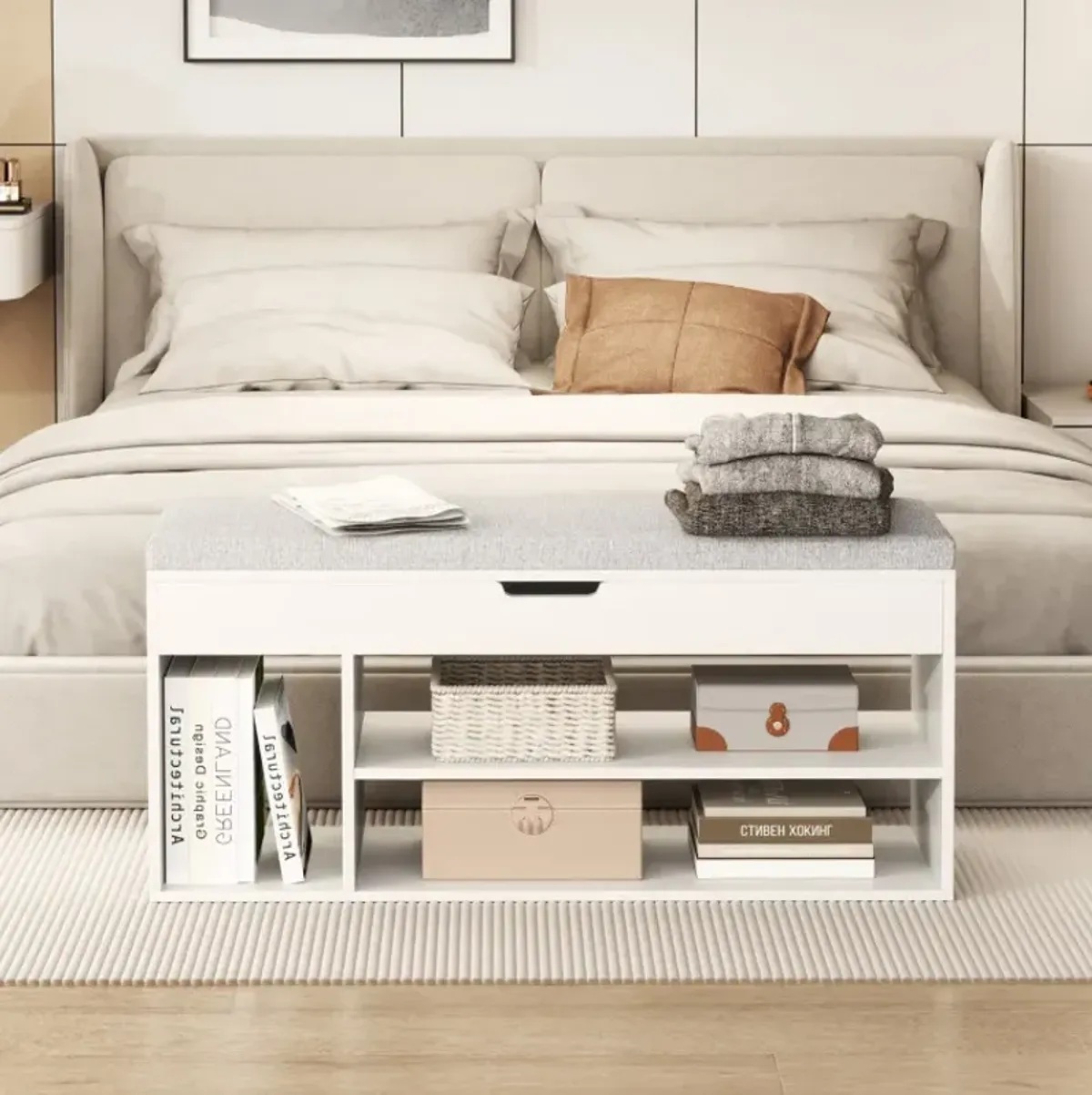 Padded Seat Shoe Bench with Hidden Storage and 3 Open Shelves