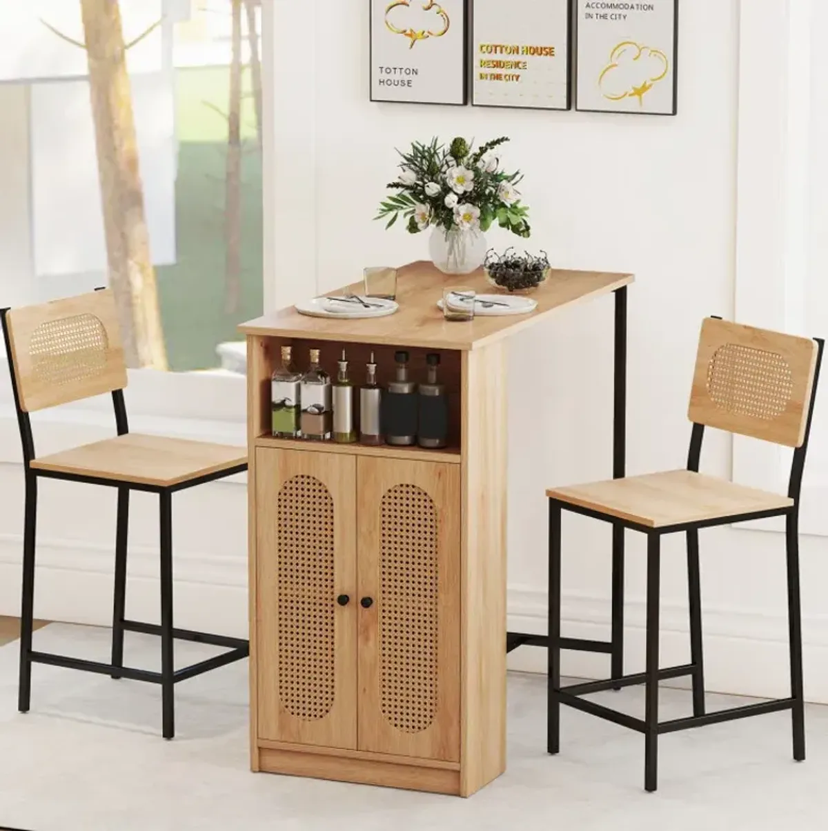 3-Piece Bar Table and Chairs Set with Storage Shelves and Footrests