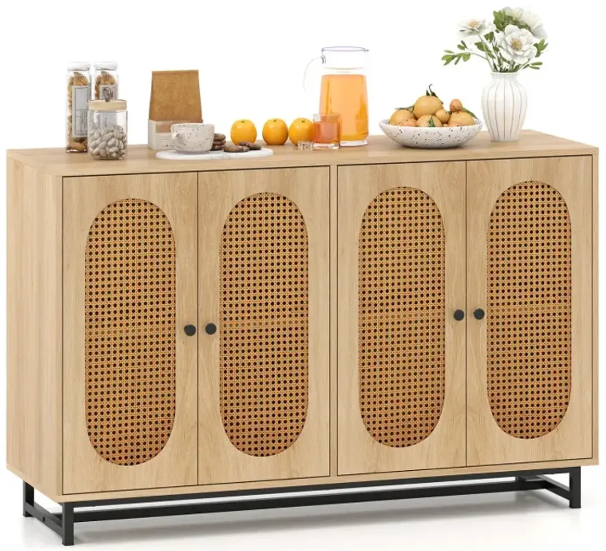 50 Inch Buffet Sideboard Cabinet with 4 Rattan Doors and Adjustable Shelves