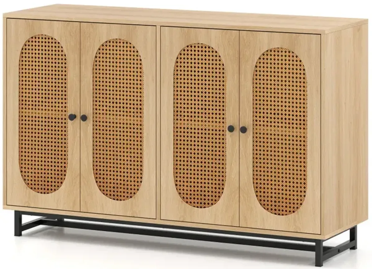50 Inch Buffet Sideboard Cabinet with 4 Rattan Doors and Adjustable Shelves