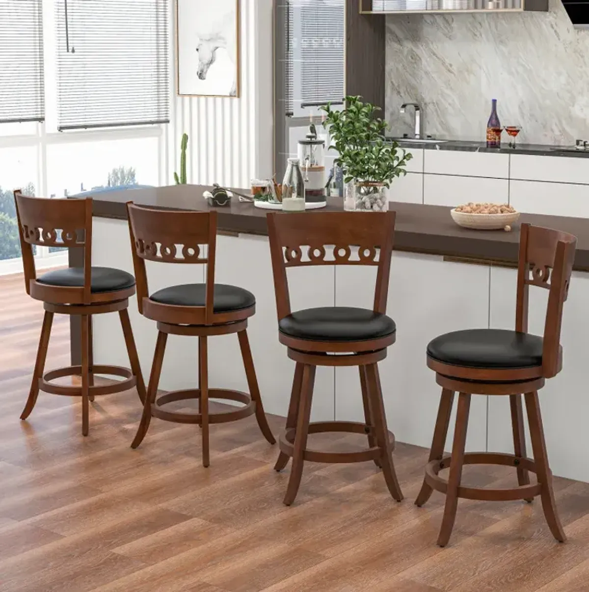 Set of 2 Swivel Bar Stools with Rubber Wood Frame