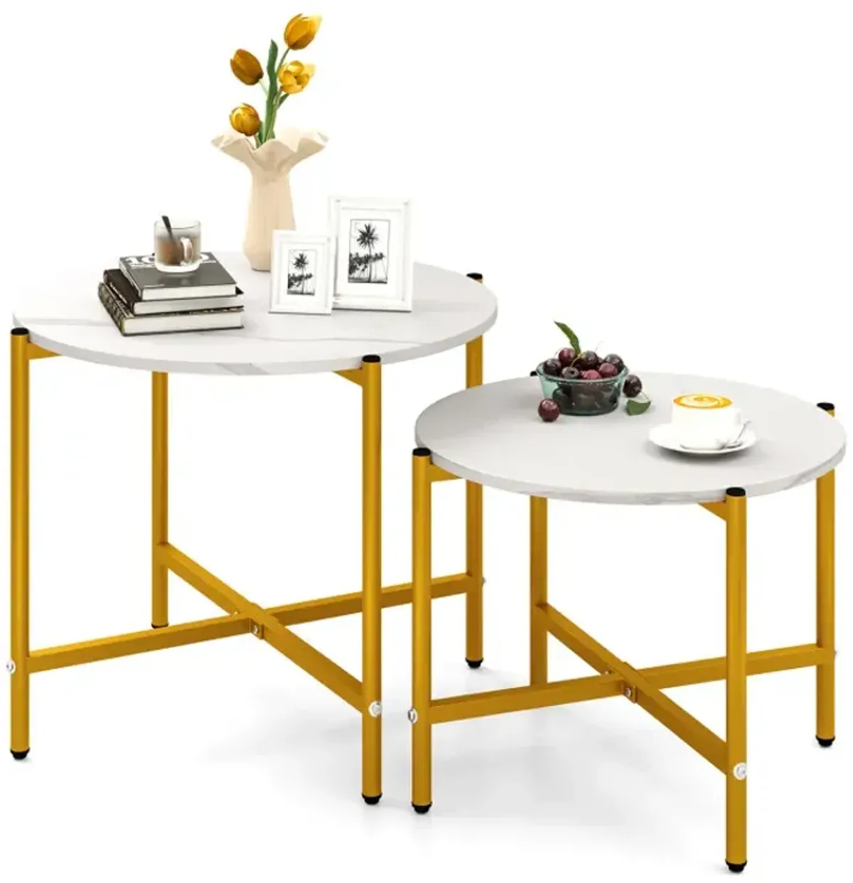 Round Coffee Table Set of 2 with Heavy-Duty Metal Frame
