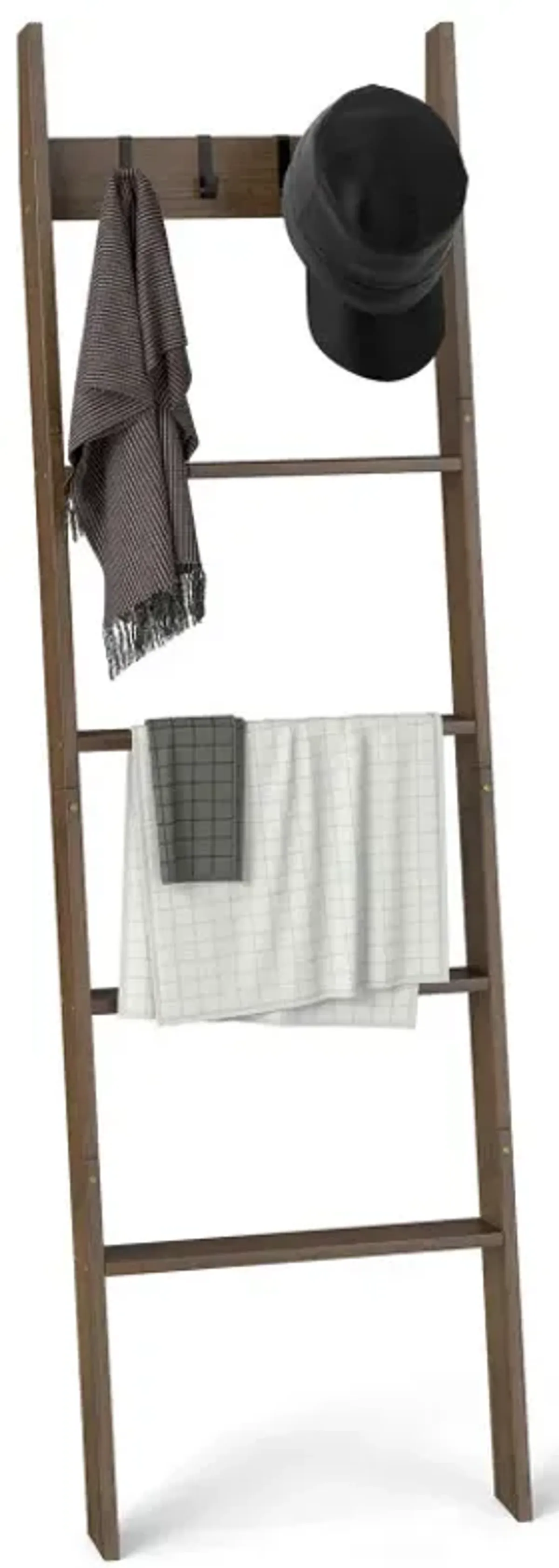 5-Tier Bamboo Ladder Bookshelf with 4 Removable Hooks