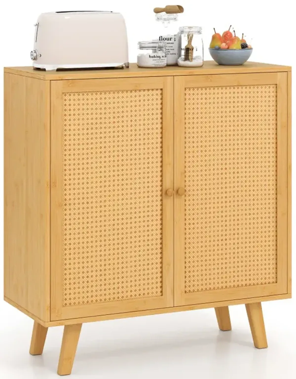 Bamboo Buffet Storage Cabinet with PE Rattan Doors and Freestanding Kitchen Cupboard