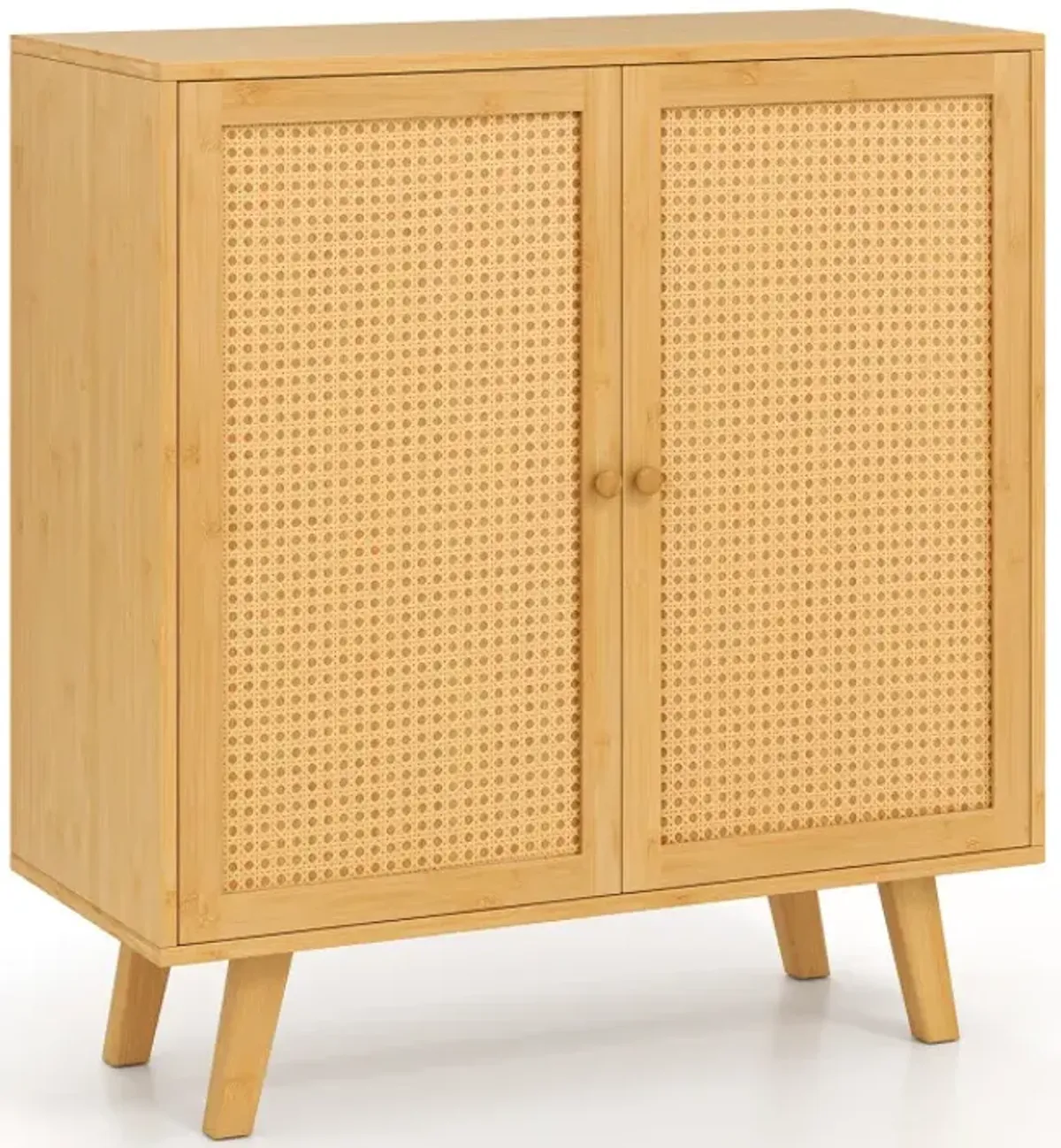 Bamboo Buffet Storage Cabinet with PE Rattan Doors and Freestanding Kitchen Cupboard
