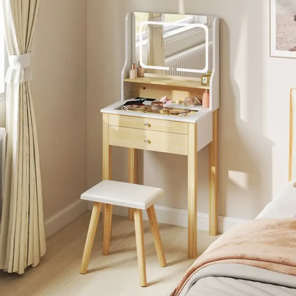Small Vanity Desk Set with Adjustable LED Lighted Mirror and Power Outlets
