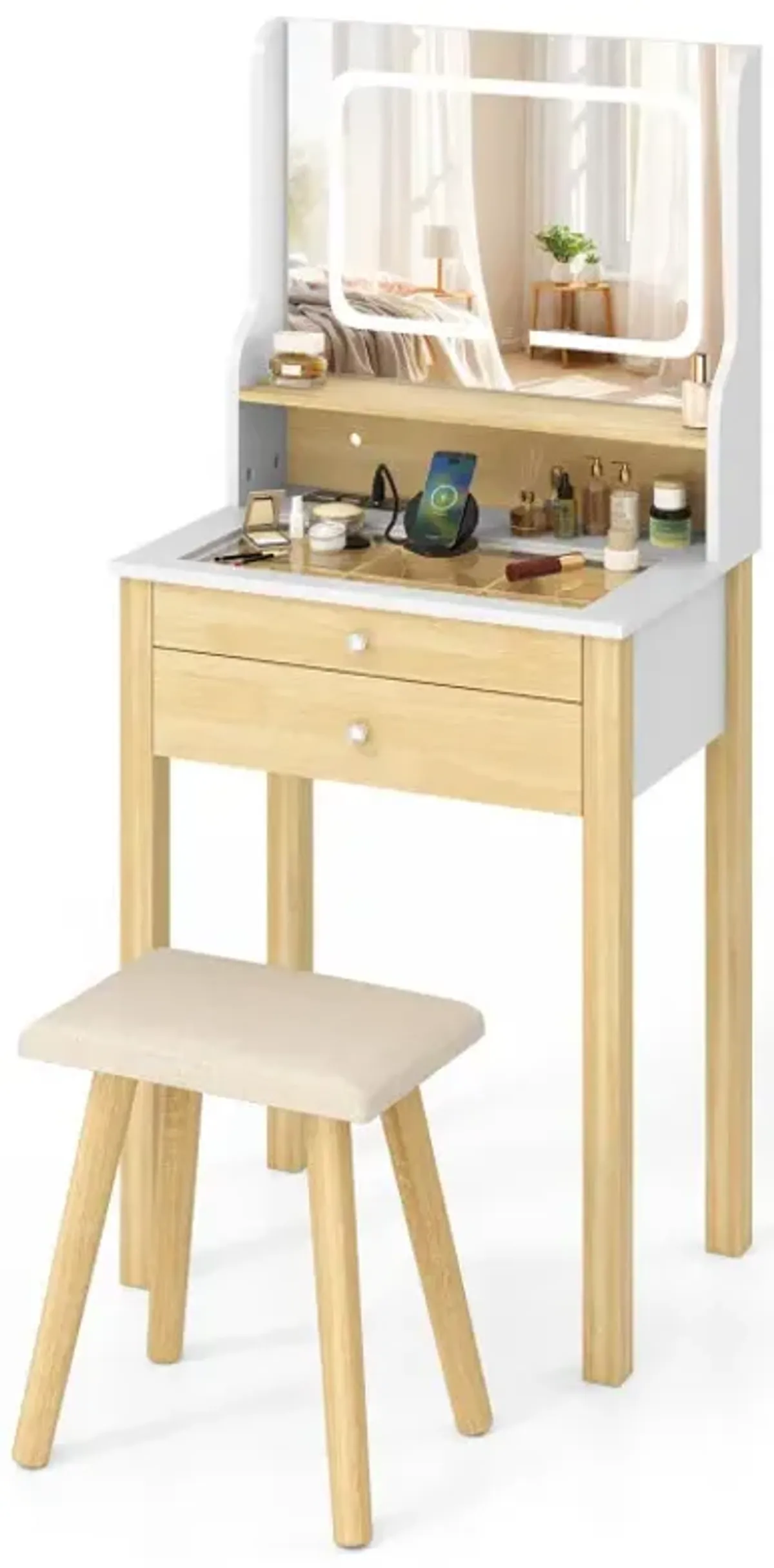 Small Vanity Desk Set with Adjustable LED Lighted Mirror and Power Outlets