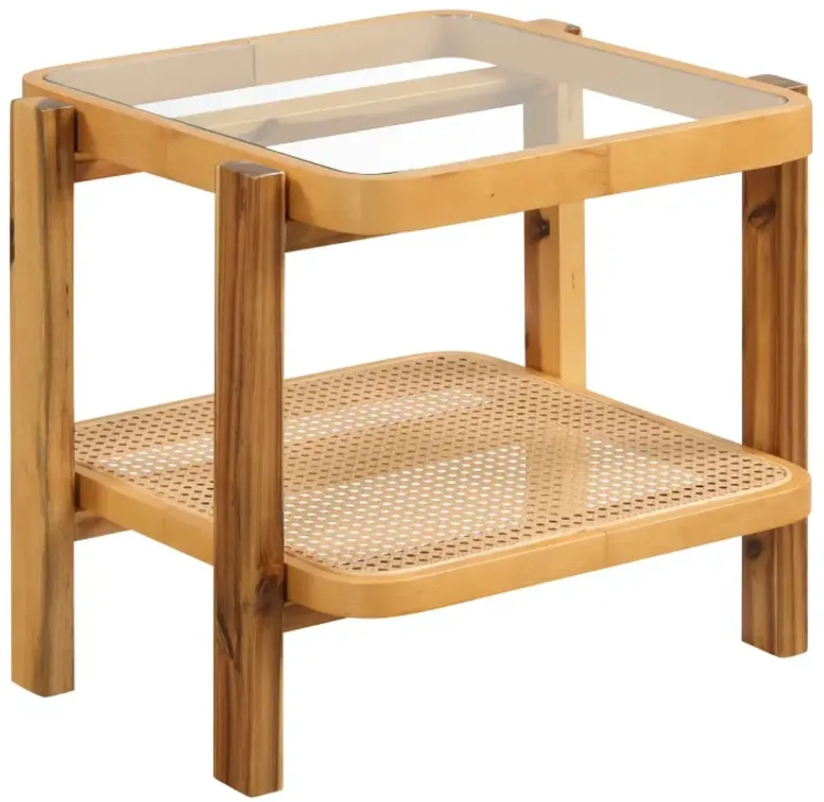 Rattan 2-Tier End Side Table with Tempered Glass Top Acacia Wood Legs
