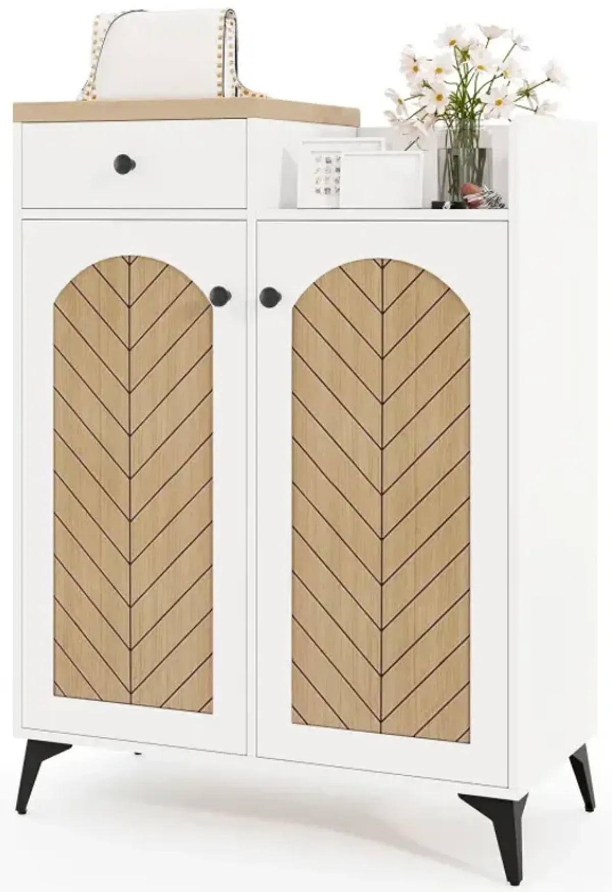 2-Door Shoe Rack Organizer with Drawer and 6 Removable Shelves