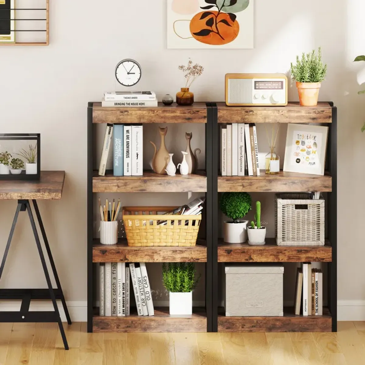 4 Tier Bookshelf Wooden Bookcase with Dual Anti-Tipping Kits