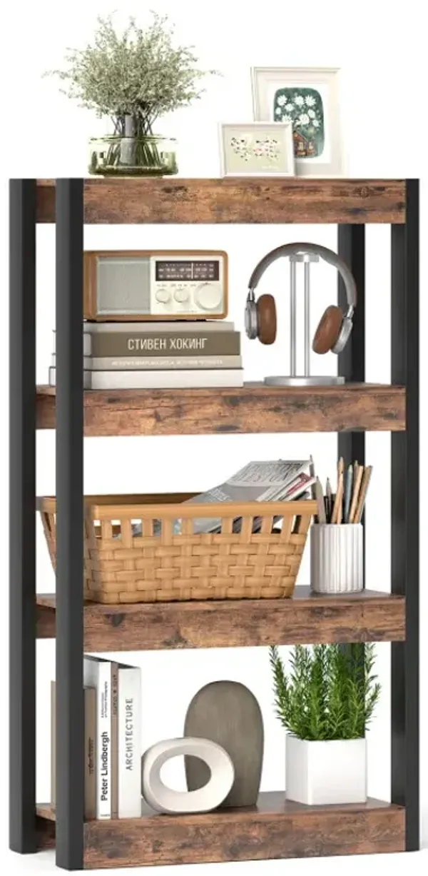 4 Tier Bookshelf Wooden Bookcase with Dual Anti-Tipping Kits