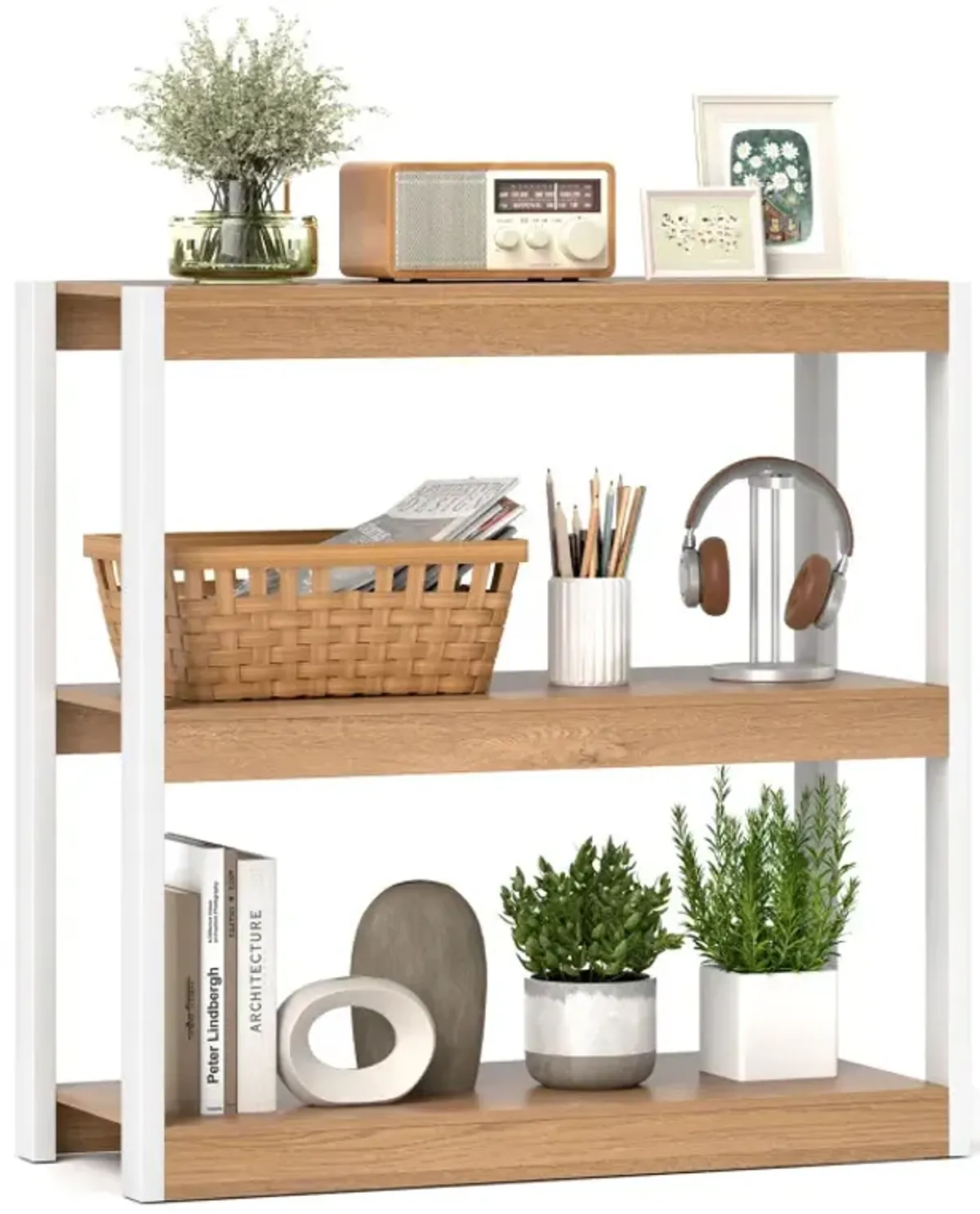 3 Tier Bookshelf Wooden Bookcase with Dual Anti-Tipping Kits