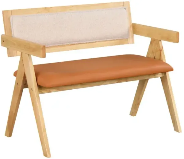 Rubber Wood Dining Bench with Armrest Sherpa Upholstered Backrest and Soft-padded Seat