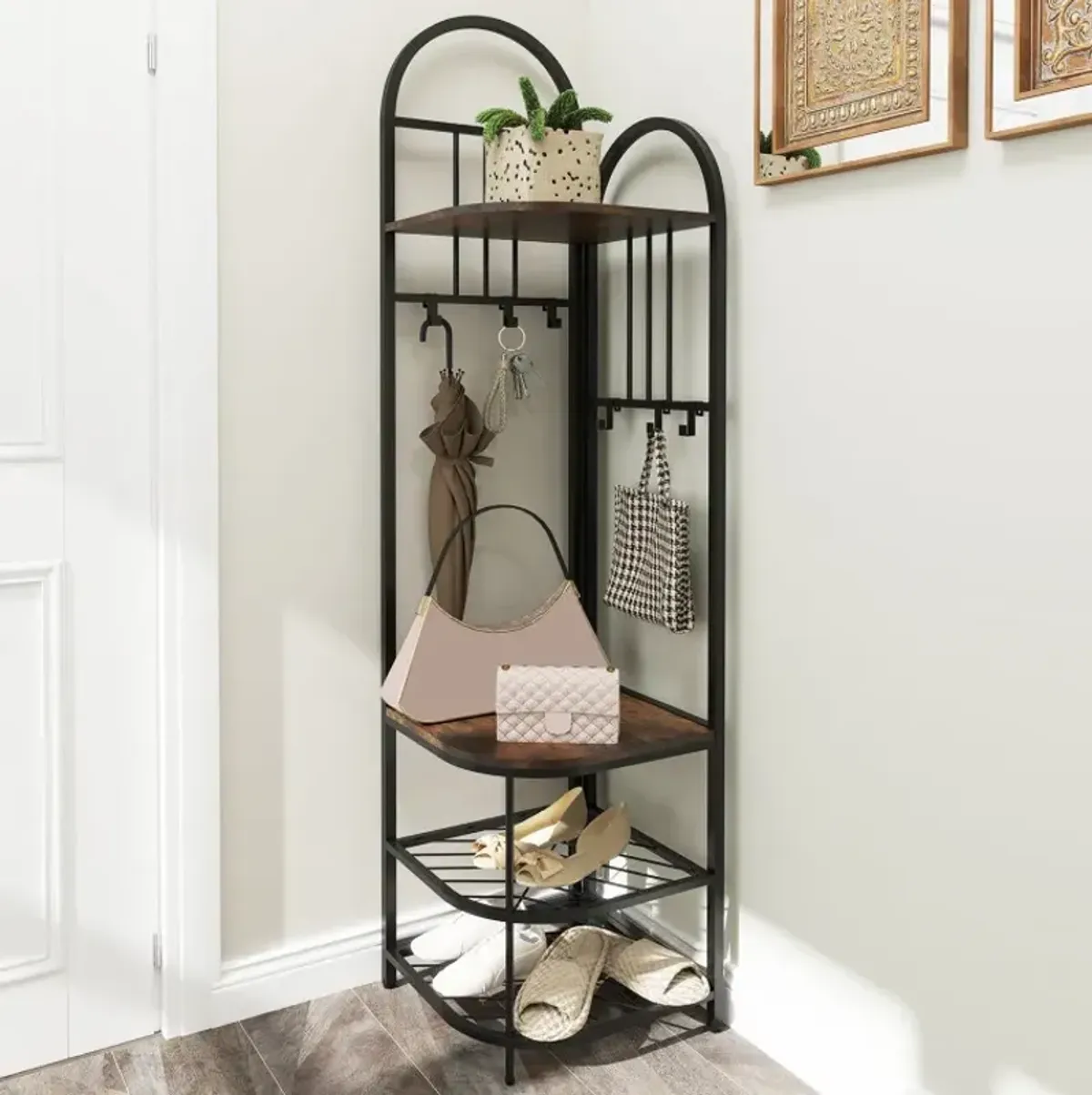 4-Tier Coat Rack Corner Hall Tree with Shoe Storage Bench