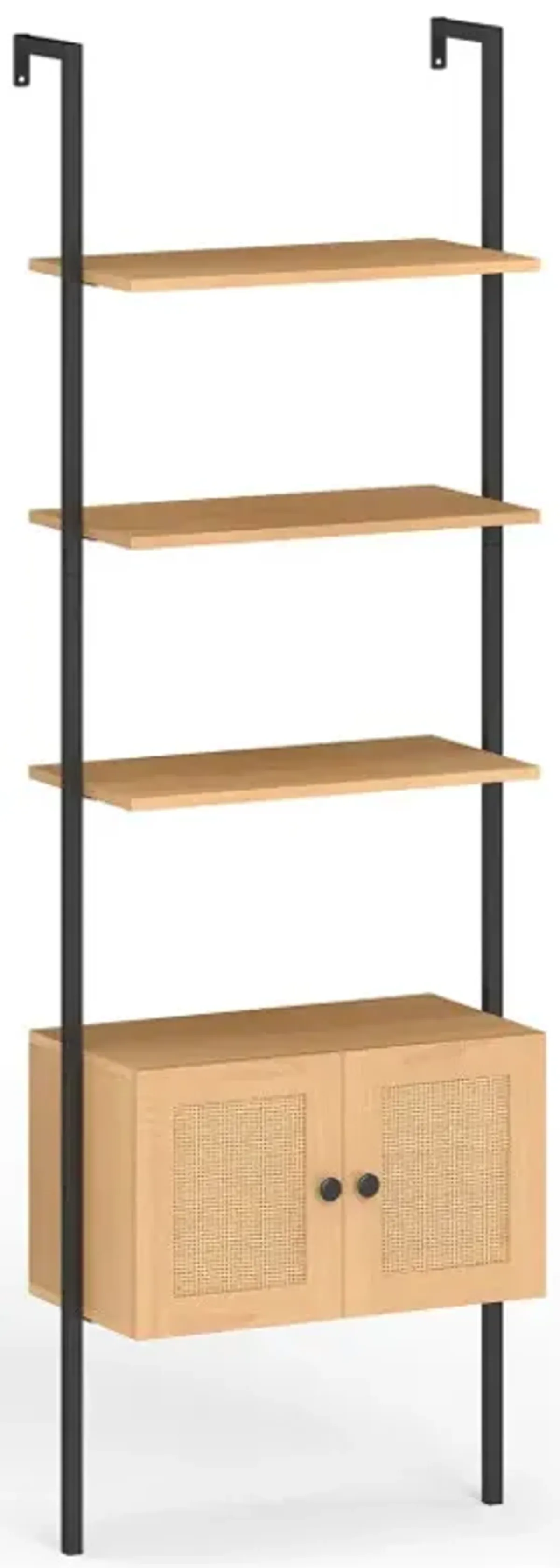 5-Tier Ladder Bookcase with Rattan Cabinet and Metal Frame