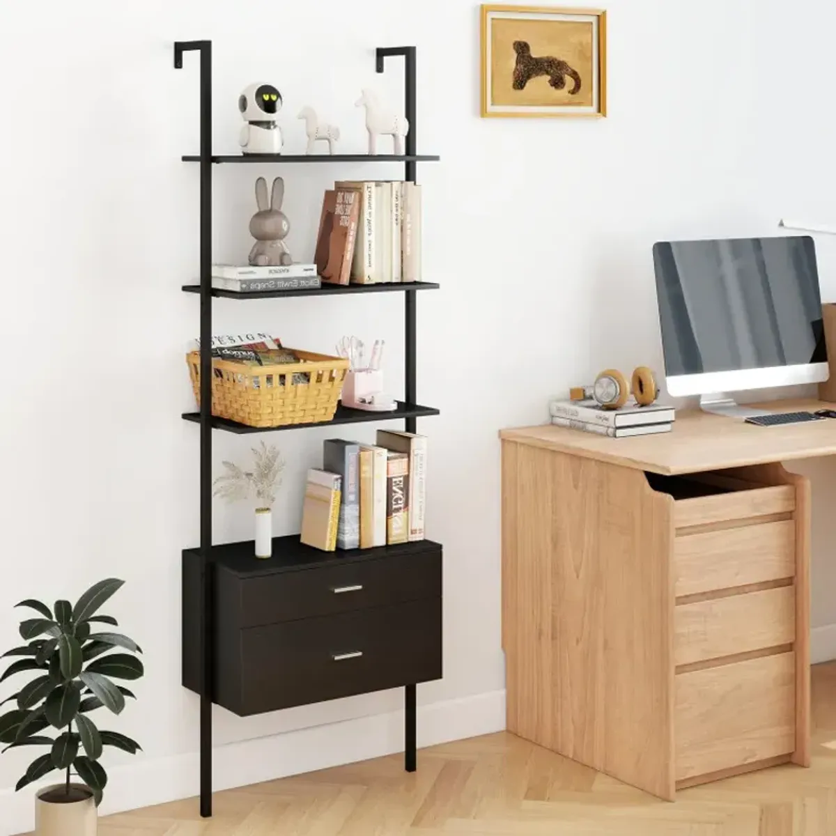 6-Tier Ladder Bookcase with 2 Drawers and Metal Frame