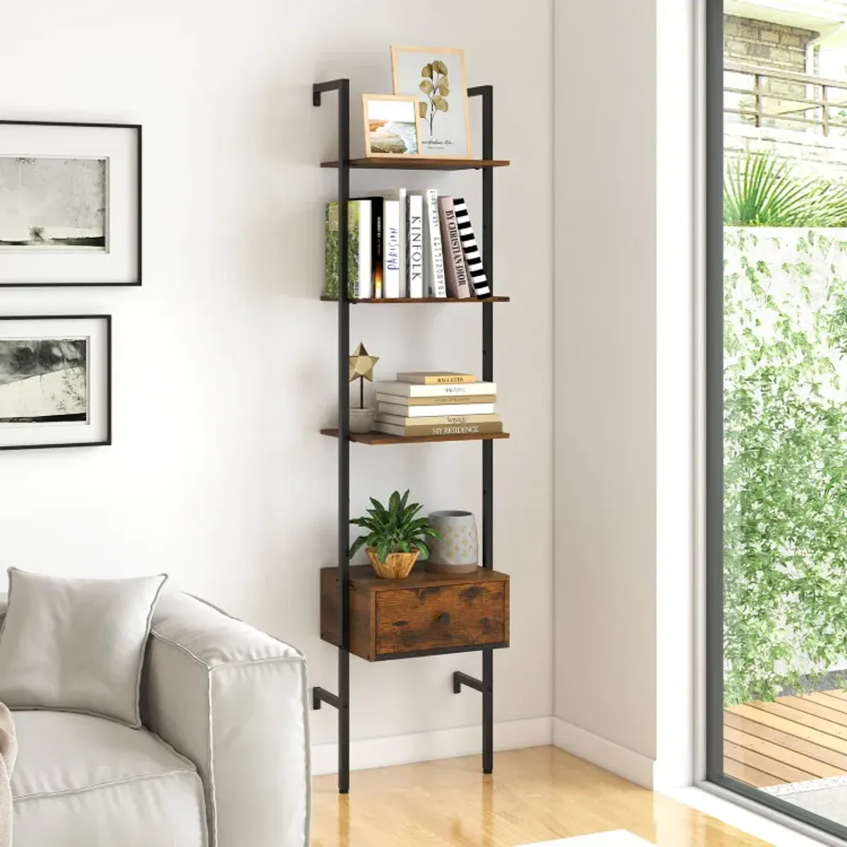 5-Tier Ladder Bookcase with Drawer and Metal Frame for Study Home Office