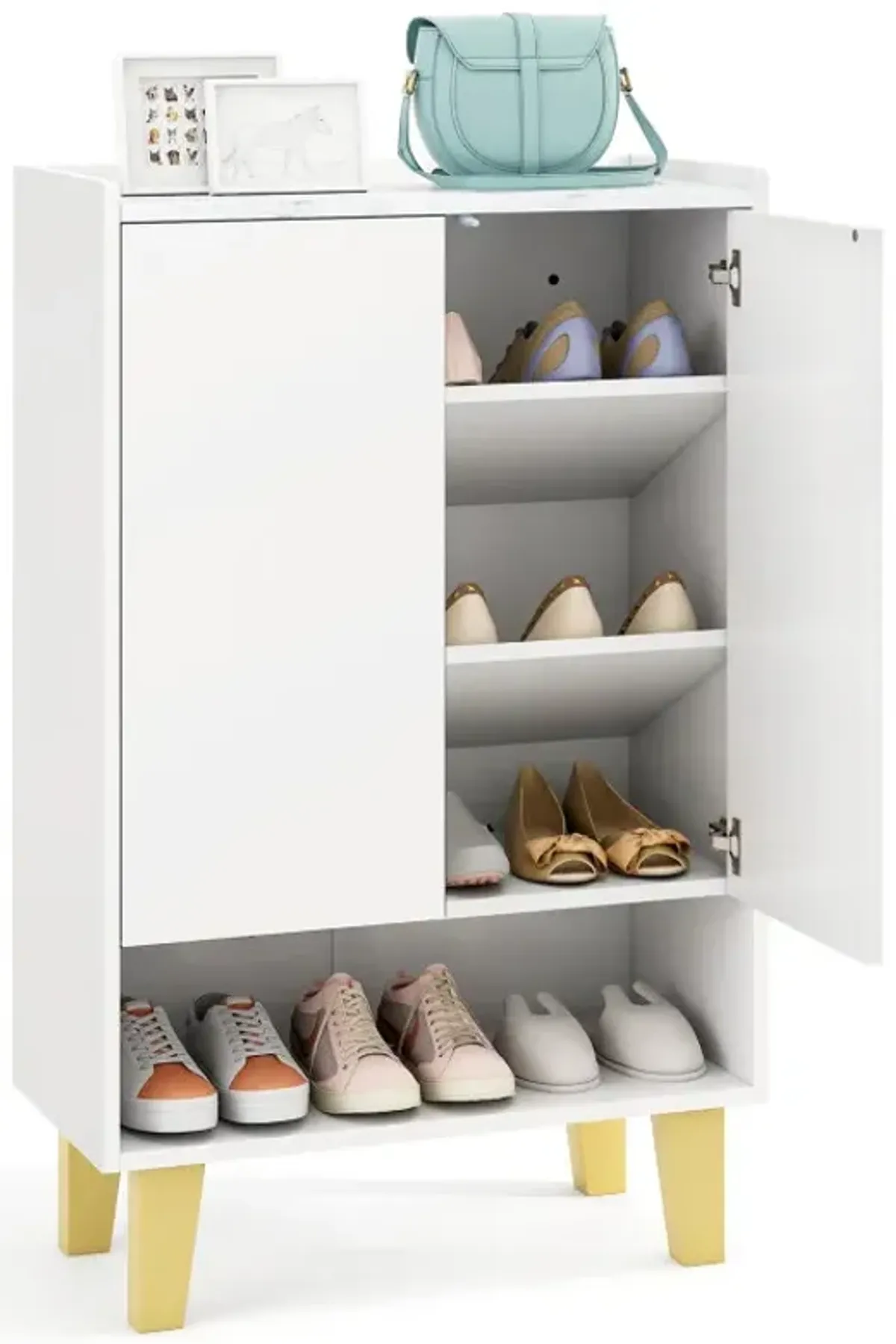5-Tier Shoe Cabinet with Faux Marble Countertop and Flat Tilting Shelves