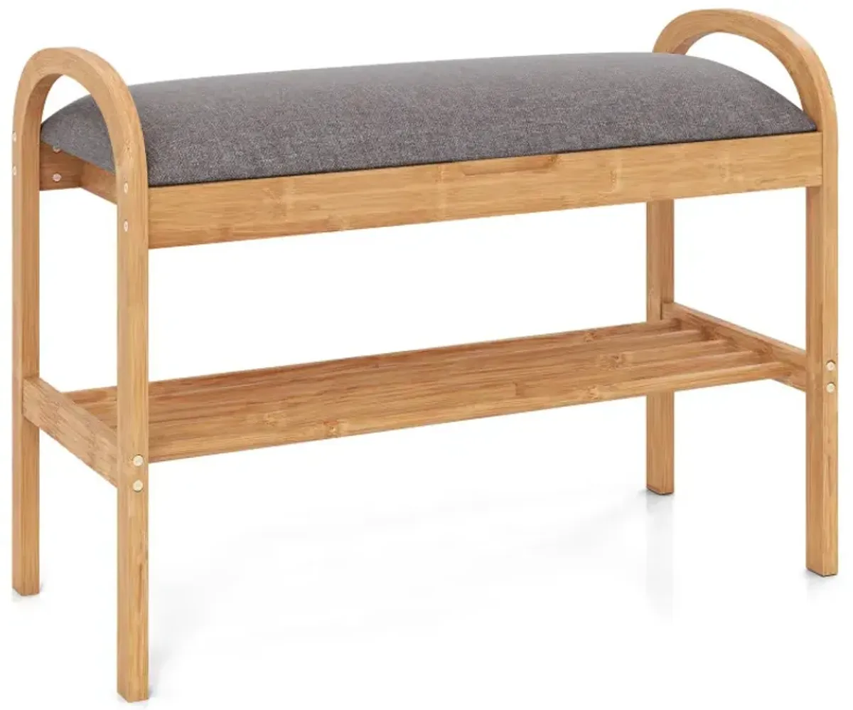 2-Tier Bamboo Shoe Bench with Storage and Padded Cushion