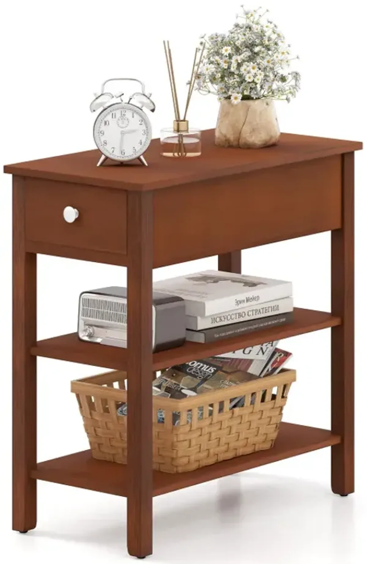 3-Tier Narrow End Table with Drawer and Storage Shelves
