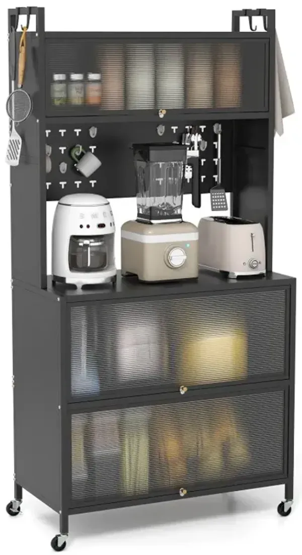 5 Tier Kitchen Bakers Rack with Multifunctional Microwave Stand with Flip Door Cabinets