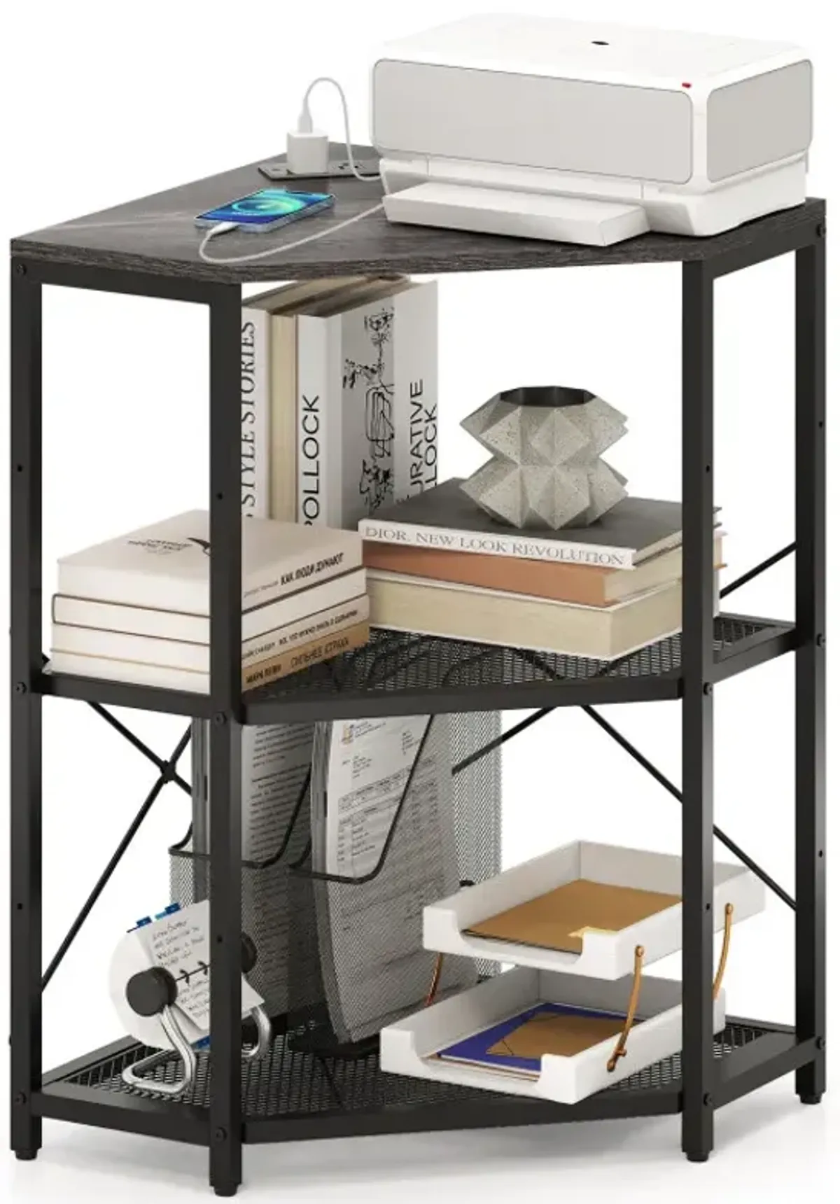 Corner Printer Stand with Power Outlet 3-Tier Storage Rack with Adjustable Shelf