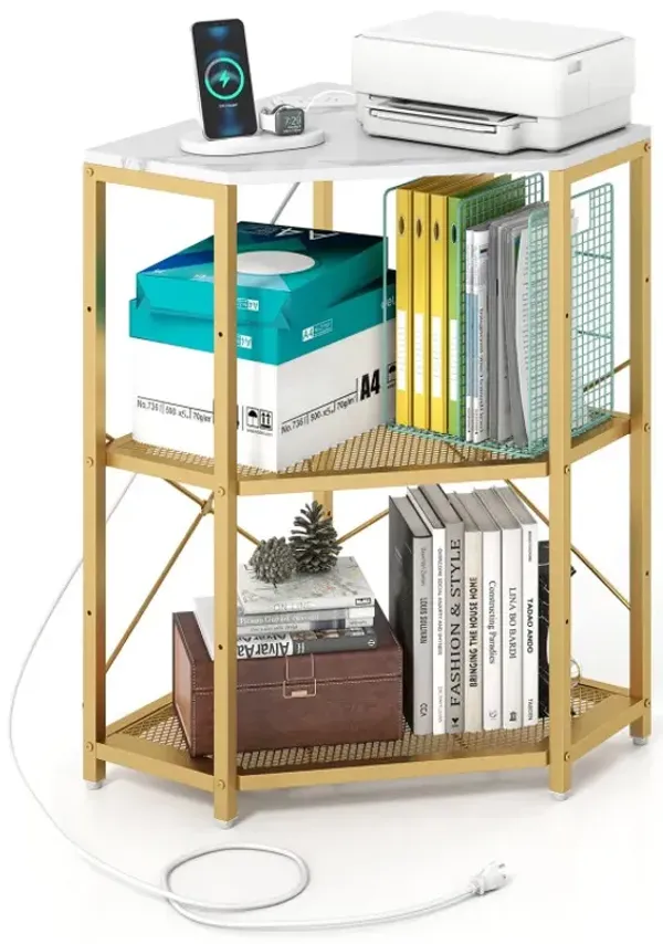 Corner Printer Stand with Power Outlet 3-Tier Storage Rack with Adjustable Shelf