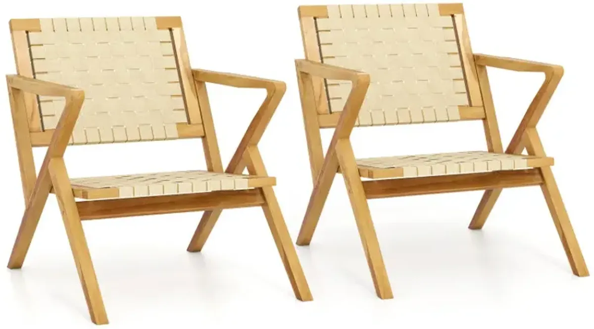 Outdoor and Indoor Teak Wood Patio Chair wuth Webbing Seat and Backrest
