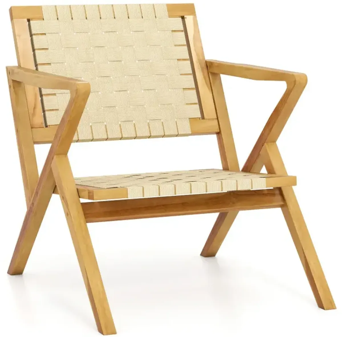 Outdoor and Indoor Teak Wood Patio Chair wuth Webbing Seat and Backrest
