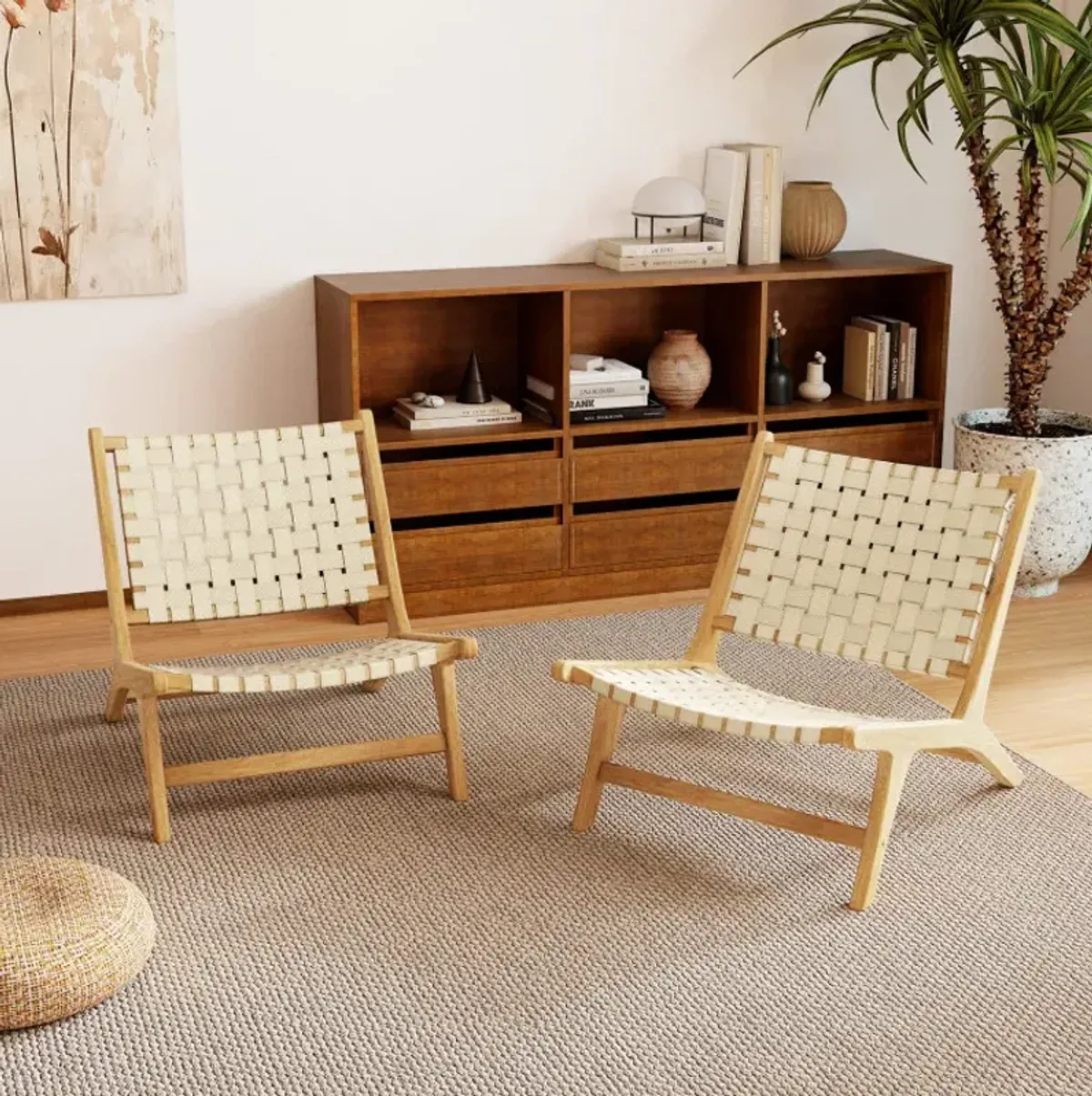 Teak Wood Patio Chair Armless with Webbing Seat and Backrest