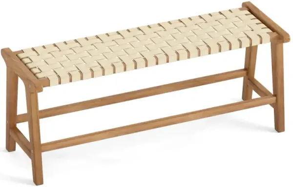 47 Inches Long Teak Wood Patio Bench with Weave Seat and Solid Wood Legs