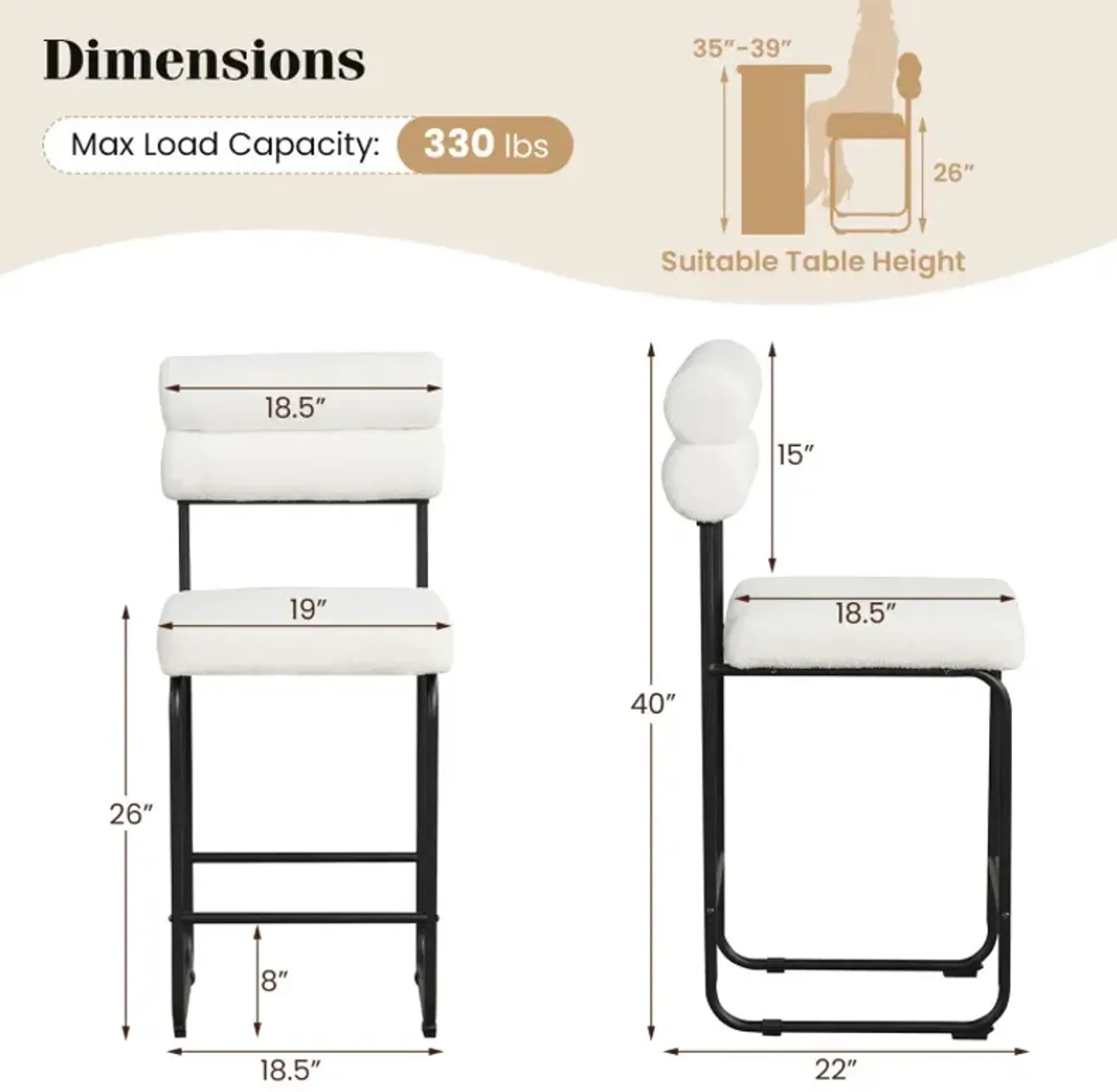 26 Inch Counter Height Bar Stools Set of 2 with Metal Frame and ...