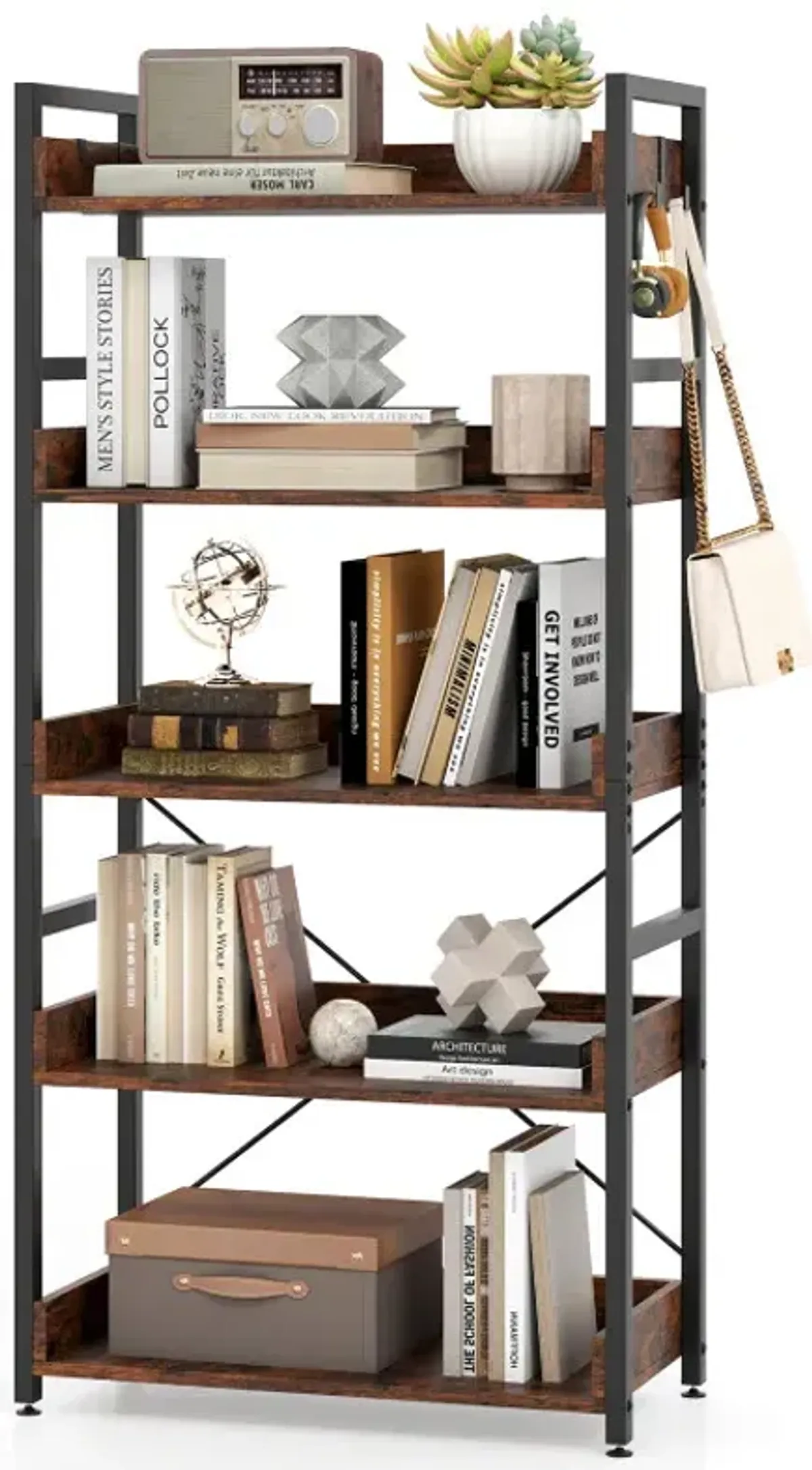 5-Tier Bookshelf with 4 Hooks Industrial Storage Bookcase