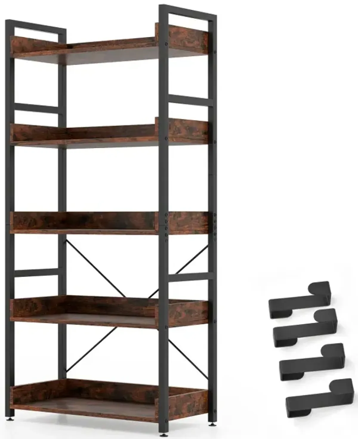 5-Tier Bookshelf with 4 Hooks Industrial Storage Bookcase