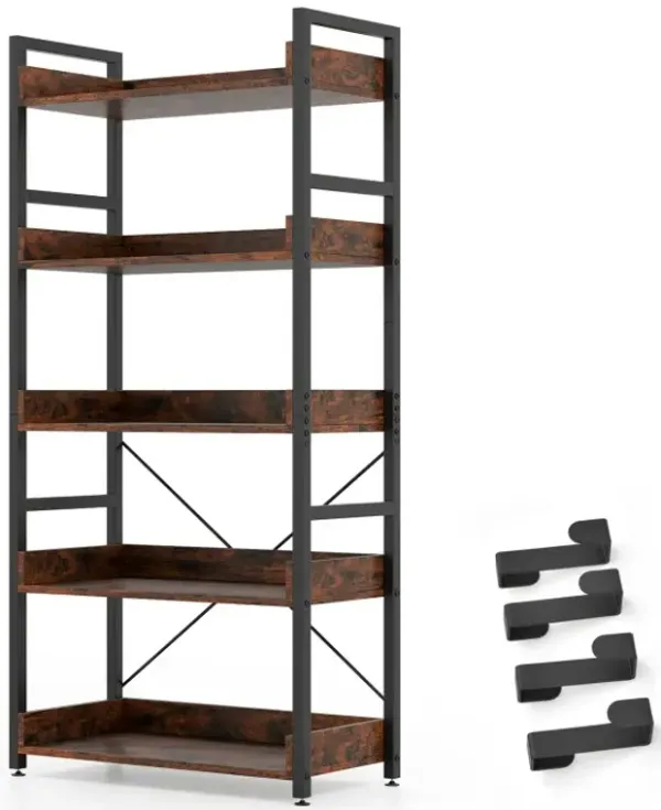 5-Tier Bookshelf with 4 Hooks Industrial Storage Bookcase