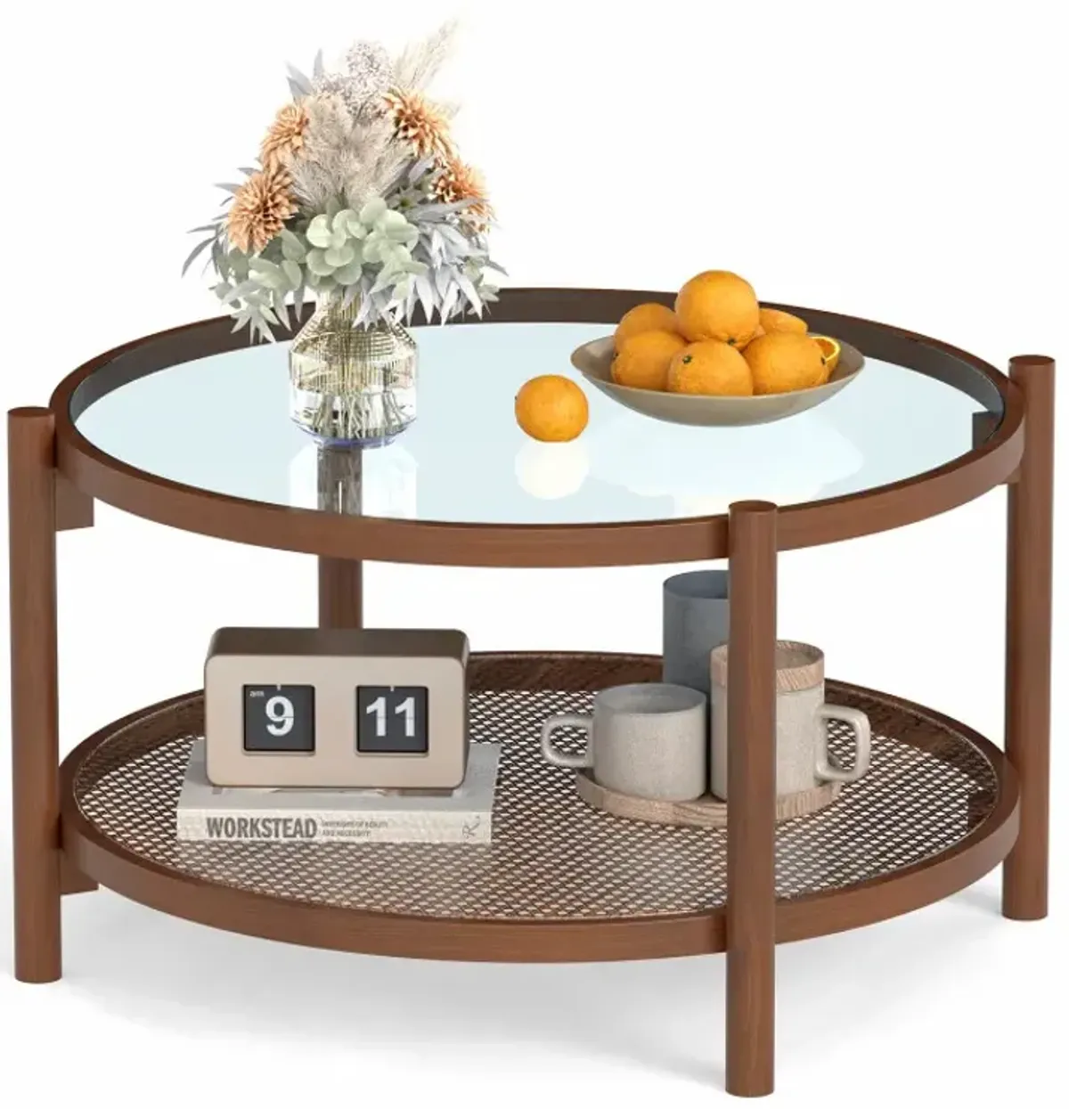 31 Inch 2-Tier Round Coffee Table with Tempered Glass Top for Living Room