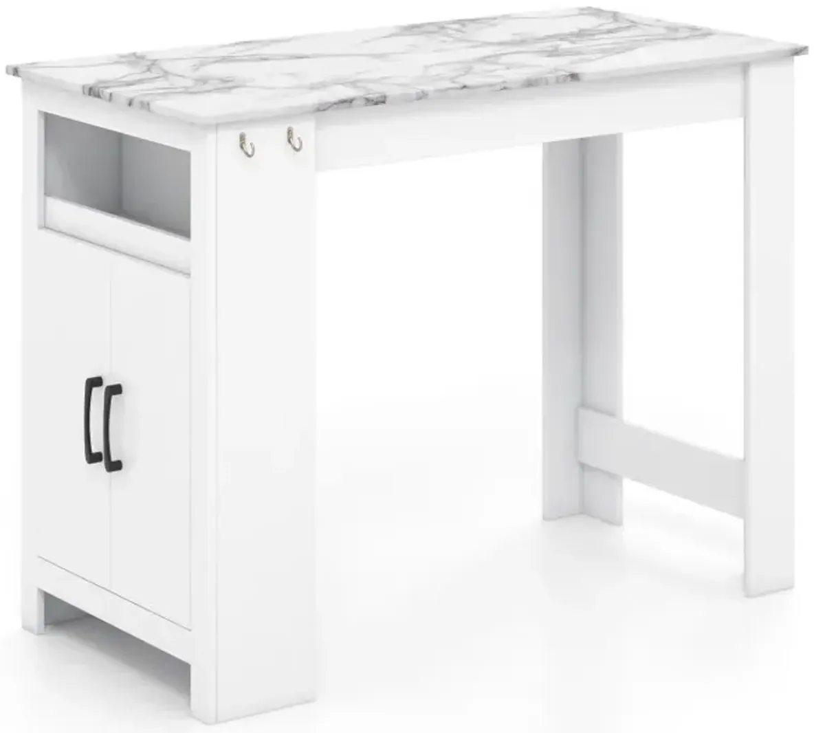 Bar Table Faux Marble Pub Table with 7 Hanging Hooks Compartment