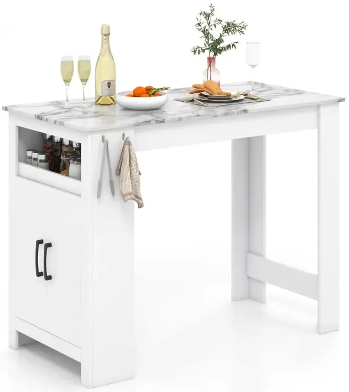 Bar Table Faux Marble Pub Table with 7 Hanging Hooks Compartment
