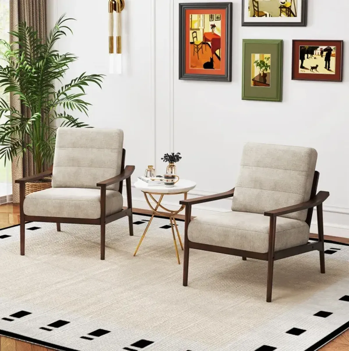 Modern Accent Chair with Rubber Wood Armrests and Legs for Living Room