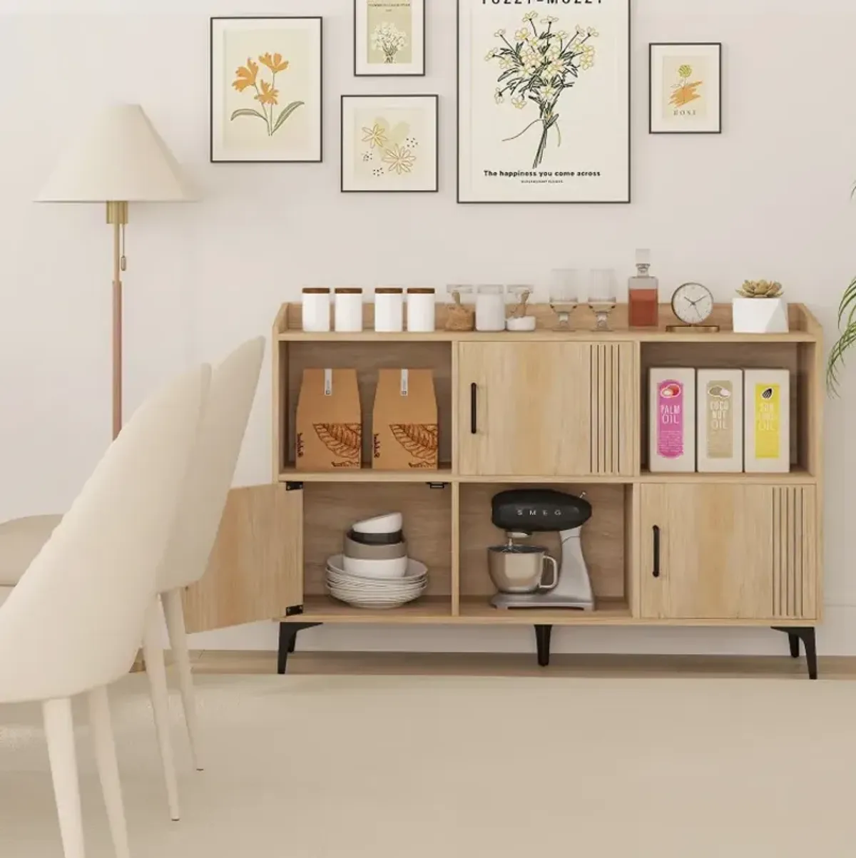 Sideboard Storage Cabinet Bookcase with 3 Doors and Open Compartments