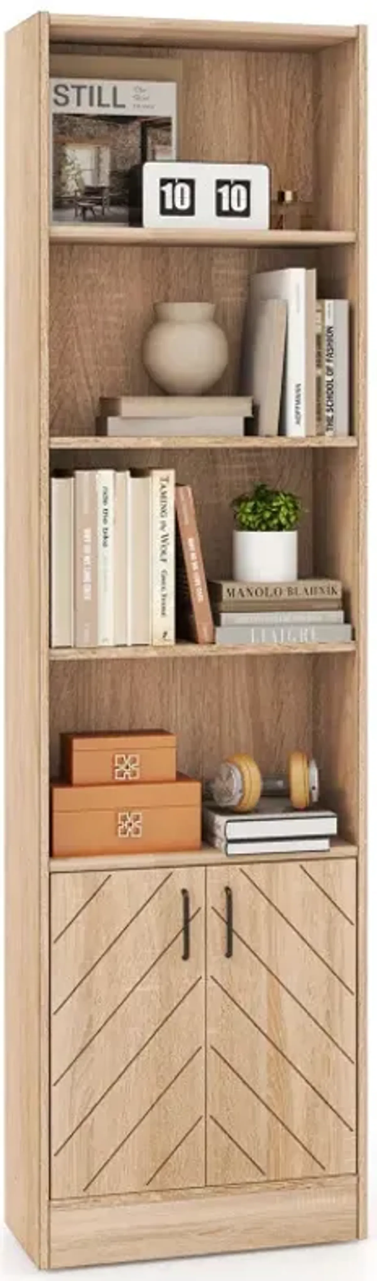 71 Inch 6-Tier Tall Bookshelf with Double Doors 4 Open Cubes