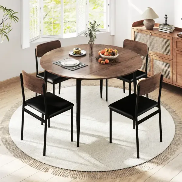 5-Piece Round Kitchen Table Set with Drop Leaf Tabletop and 4 Upholstered Dining Chairs