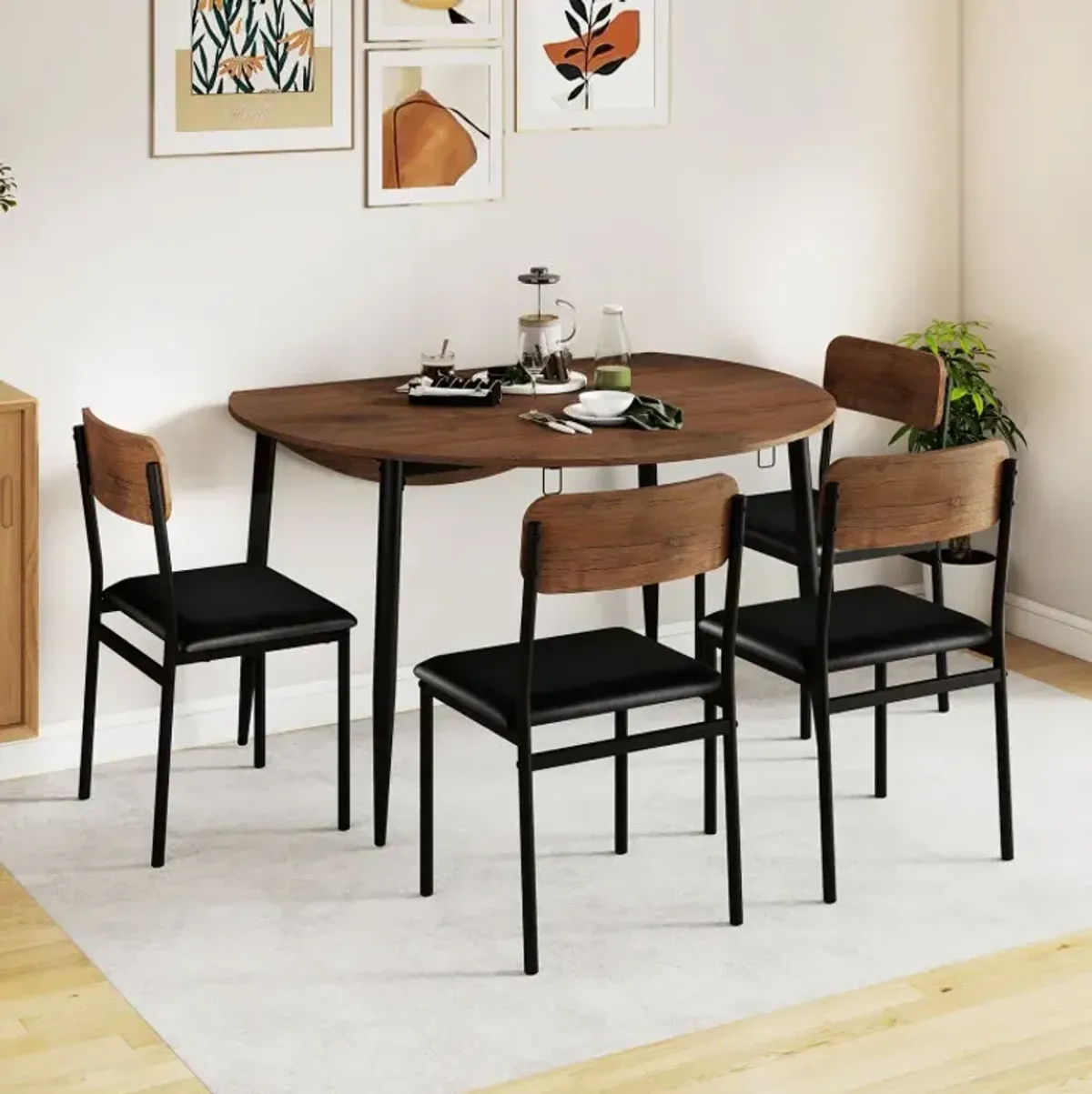 5-Piece Round Kitchen Table Set with Drop Leaf Tabletop and 4 Upholstered Dining Chairs