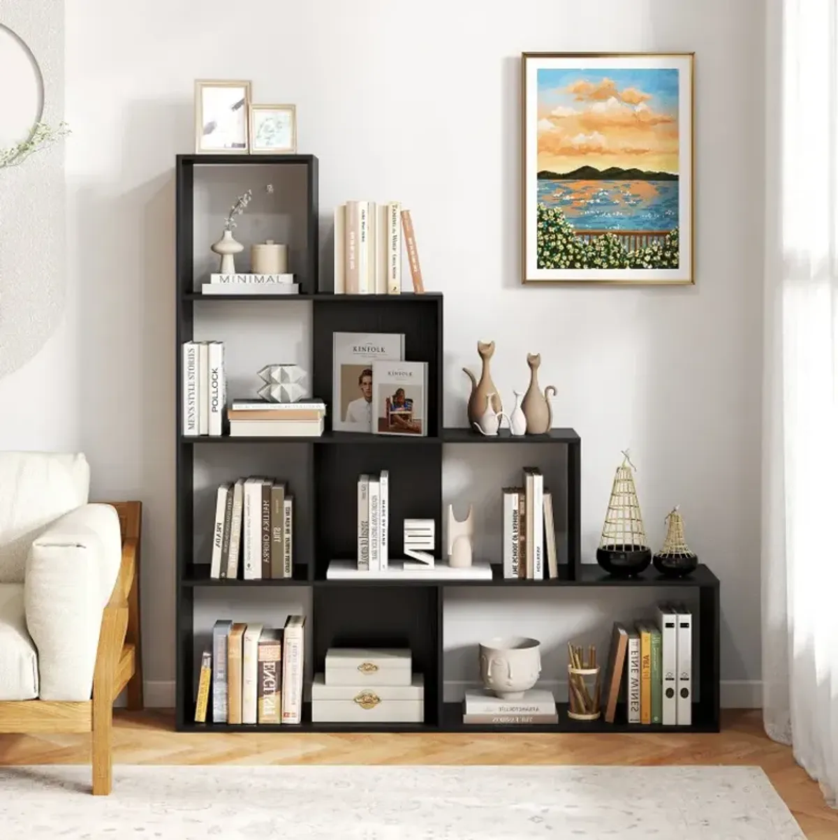 4-Tier Bookshelf Stair Bookcase with 6 Cubes Display Rack