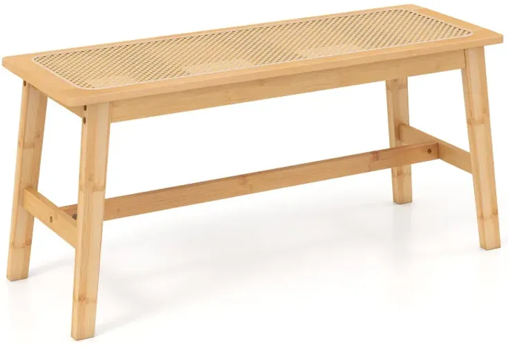 39.5 Inch Bamboo Dining Bench with Handwoven Rattan Seat for Indoor Outdoor